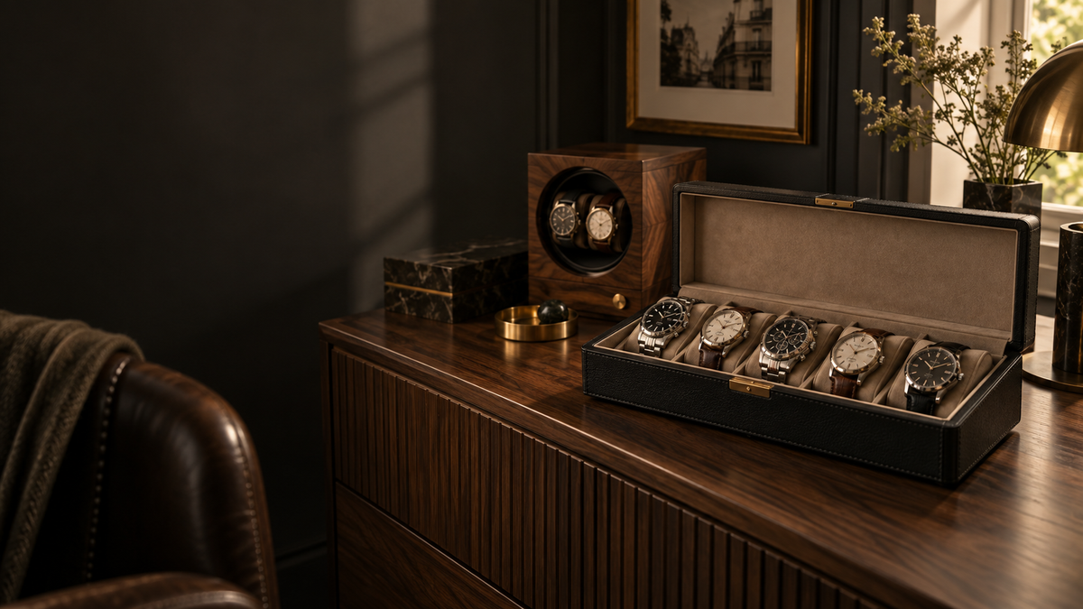 Remontoir en bois et coffret à montres ouvert posés sur une commode