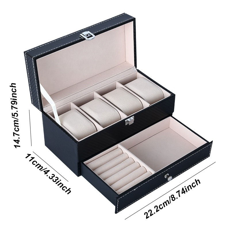 Coffret Deux Niveaux, 4 montres et tiroir à bijoux