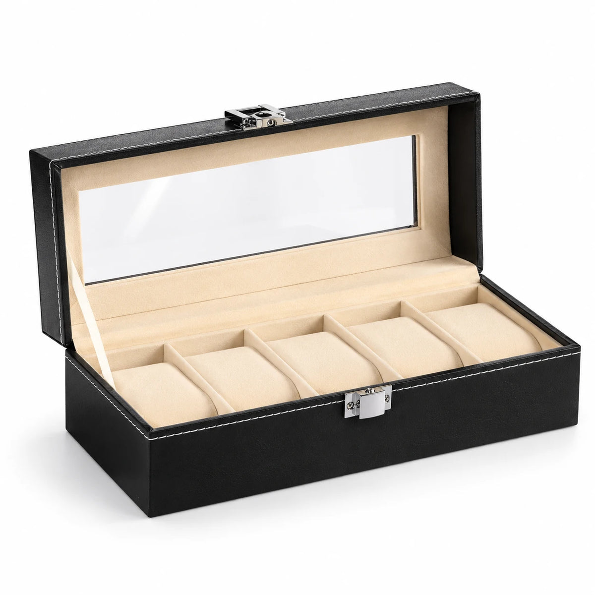 Coffret Noir Surpiqué 5 montres, intérieur crème, fond blanc #Capacité_5 montres