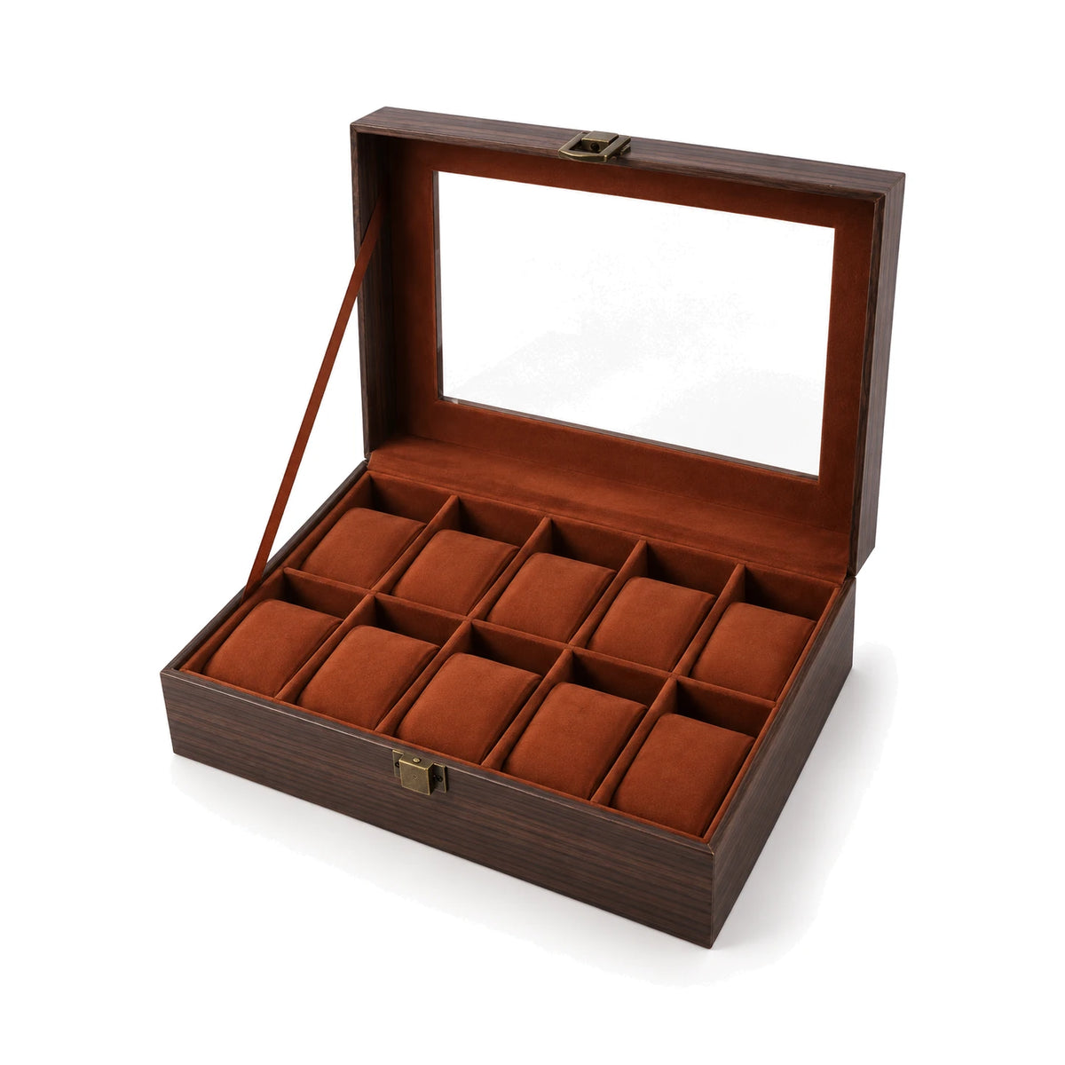 Coffret Vitré Boisé brun noyer, 10 montres, fond blanc #Finition_Brun noyer