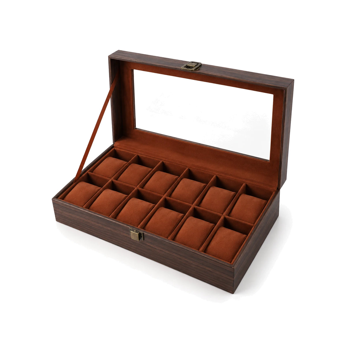 Coffret Vitré Boisé brun noyer, 12 montres, fond blanc #Finition_Brun noyer