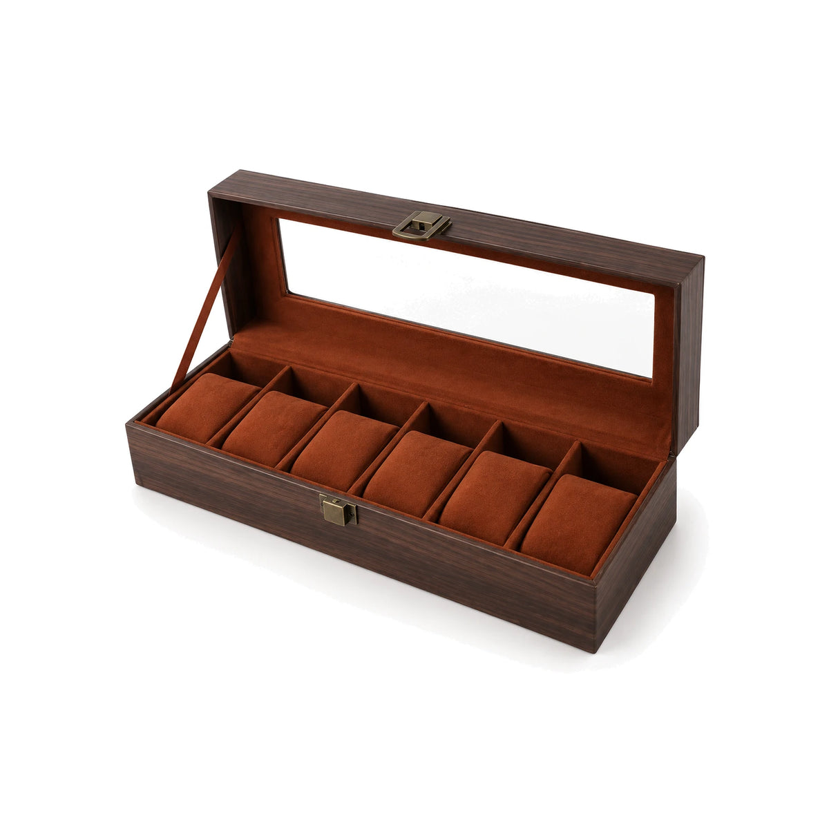 Coffret Vitré Boisé brun noyer, 6 montres, fond blanc #Finition_Brun noyer
