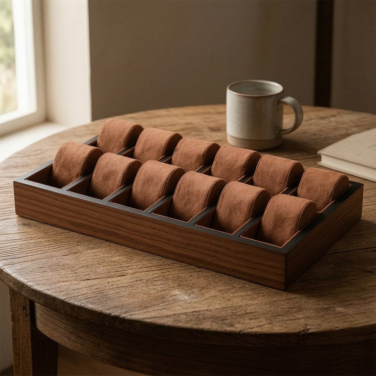Plateau en Bois 12 montres posé sur une table #Capacité_12 montres