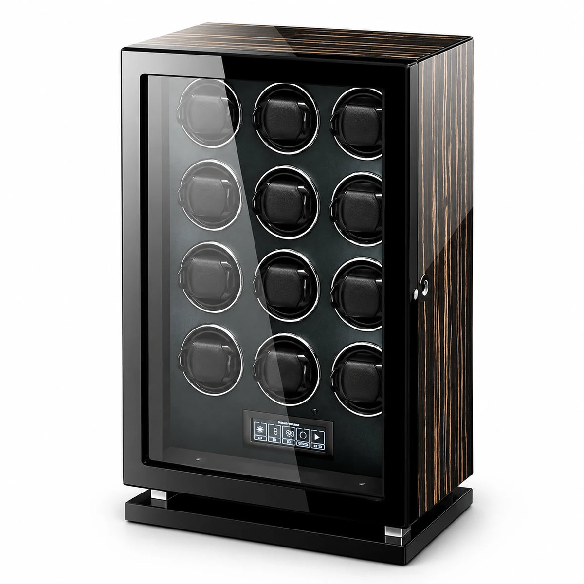 Remontoir Armoire Laquée Noire 12 montres, fond blanc