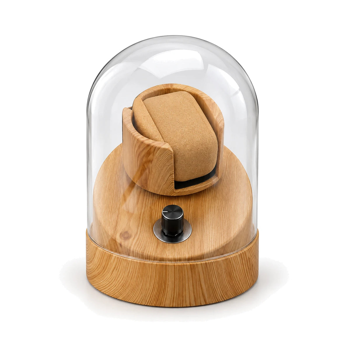 Remontoir Cloche de Verre 1 montre, socle bois clair, fond blanc #Couleur_Bois clair