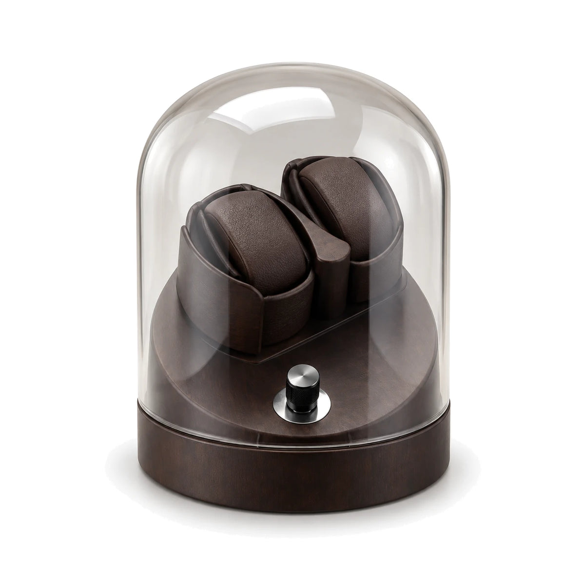 Remontoir Cloche de Verre 2 montres, socle bois foncé, fond blanc