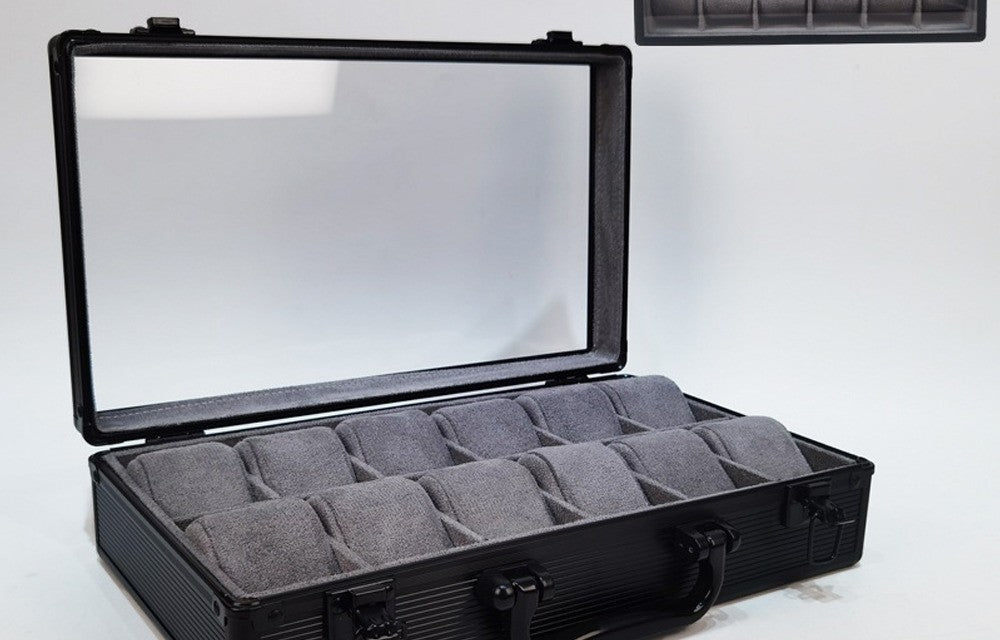 Valise Aluminium Vitrée 12 montres, noire