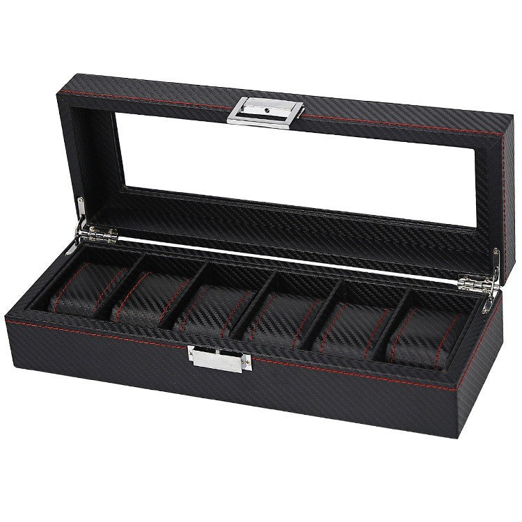 Coffret Carbone Surpiqué 6 montres, surpiqûres rouges #Capacité_6 montres