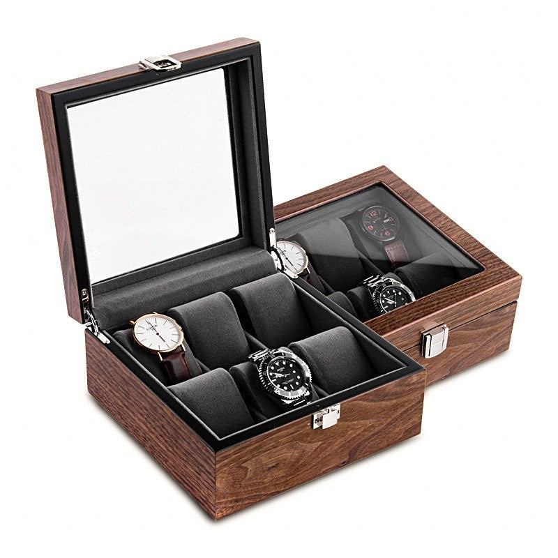 Coffret Carré Bois 6 montres, couvercle vitré #Couvercle_Vitré