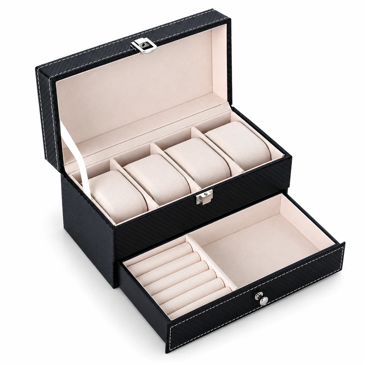 Coffret Deux Niveaux, 4 montres et tiroir à bijoux ouvert, fond blanc