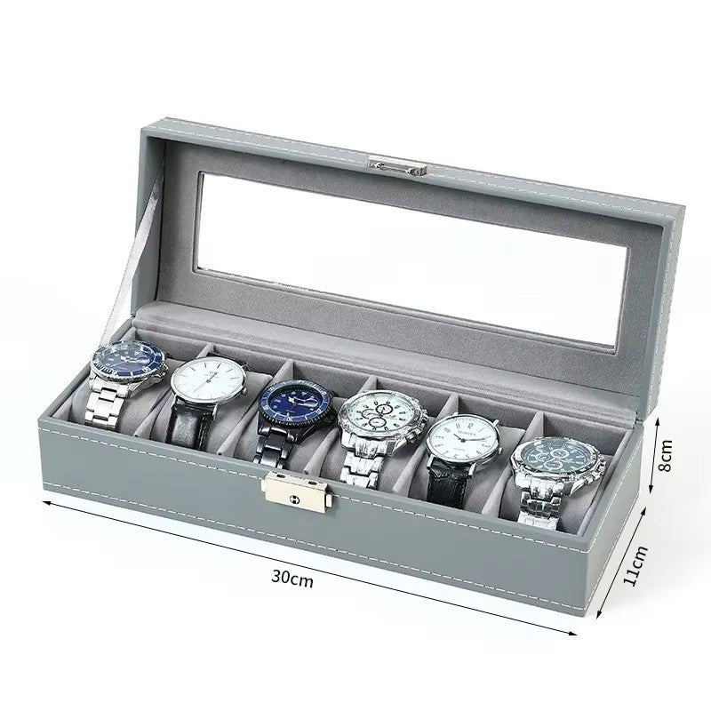 Coffret Gris Surpiqué 6 montres, couvercle vitré