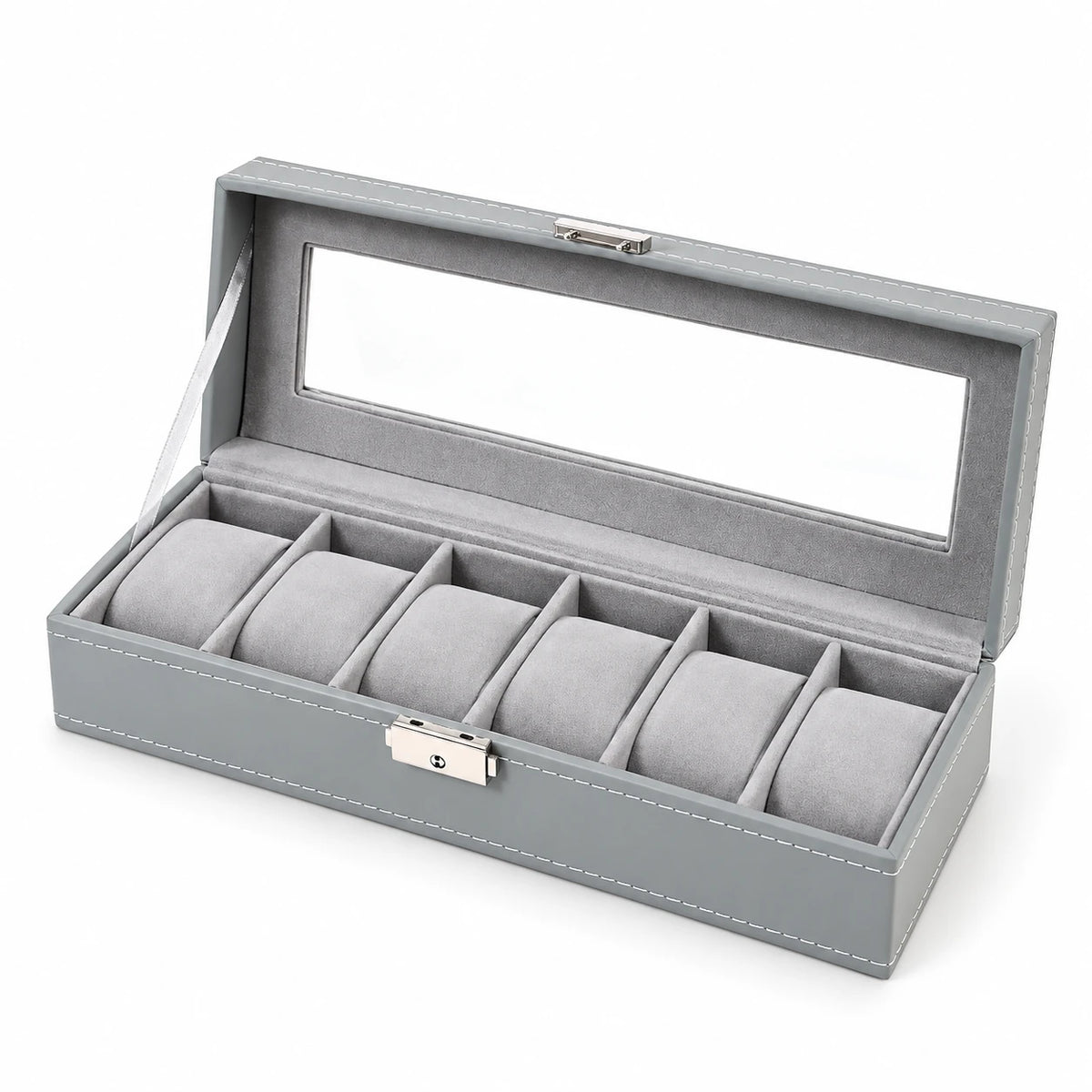 Coffret Gris Surpiqué 6 montres, couvercle vitré ouvert, fond blanc