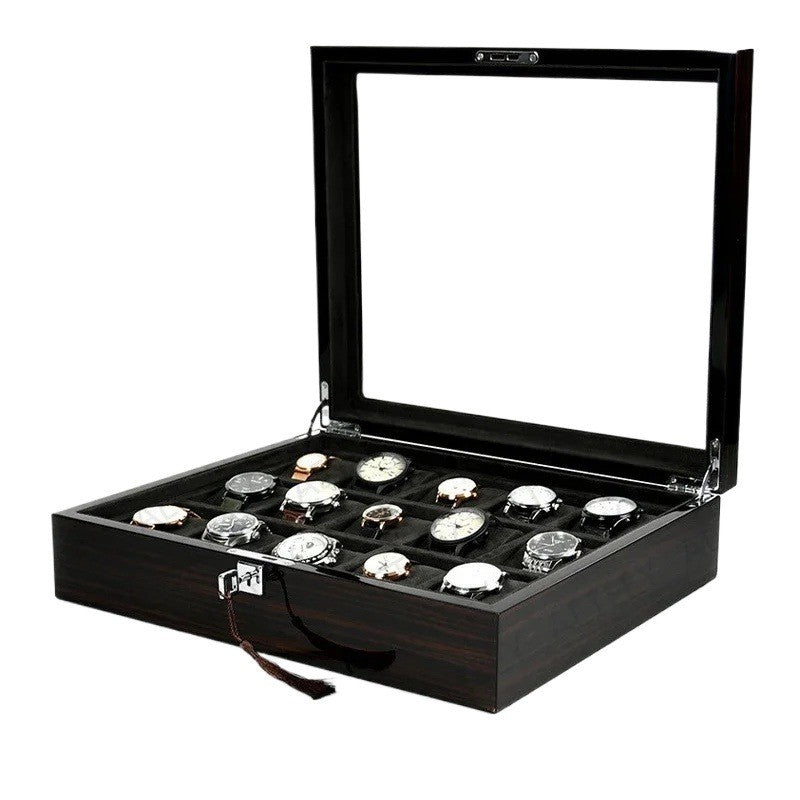 Coffret Laqué Vitré 15 montres, façon ébène #Capacité_15 montres