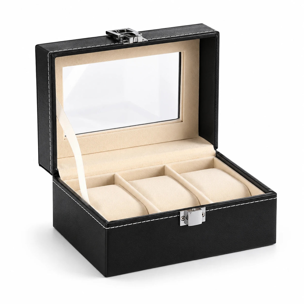Coffret Noir Surpiqué 3 montres, intérieur crème, fond blanc #Capacité_3 montres