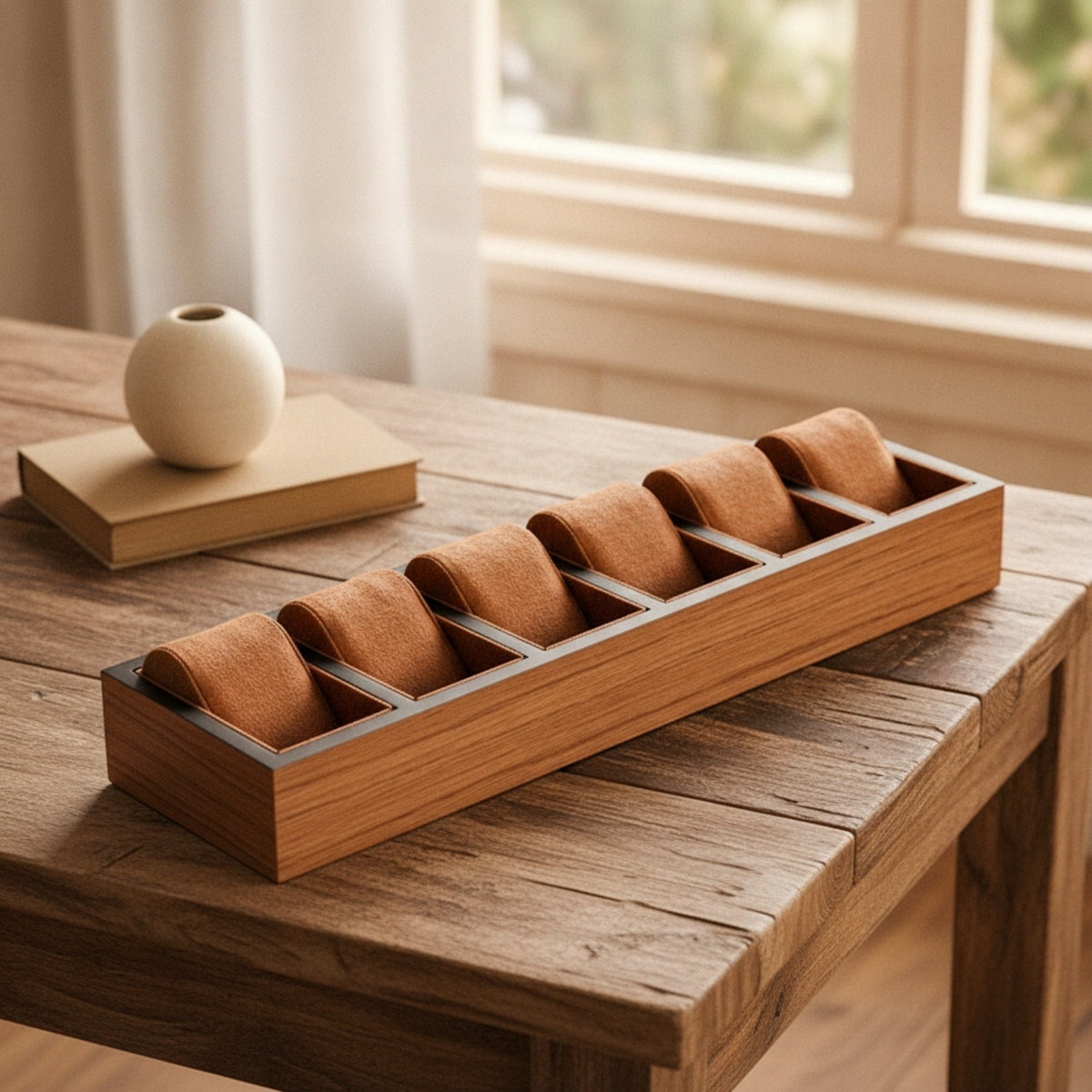 Plateau en Bois 6 montres posé sur une table #Capacité_6 montres