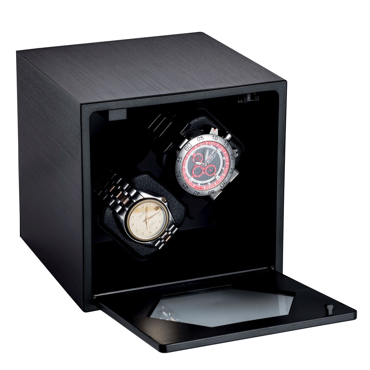 Remontoir Métal Brossé noir mat, porte ouverte, deux montres #Couleur_Noir mat