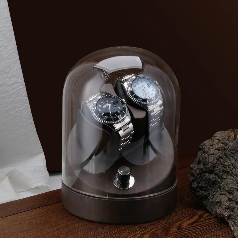 Remontoir Cloche de Verre 2 montres, socle bois foncé