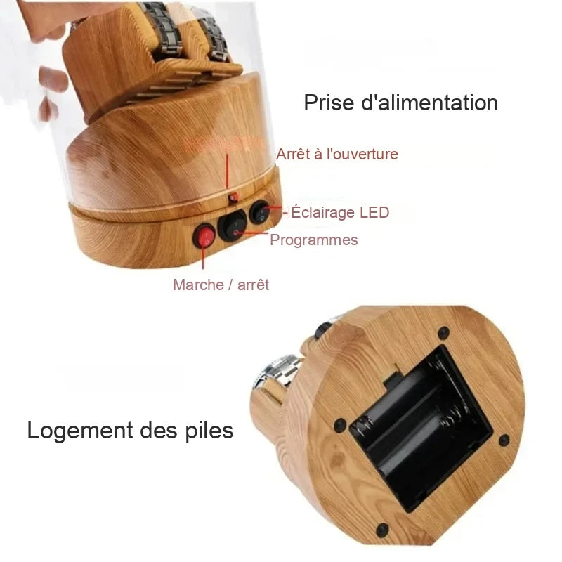 Remontoir Cloche de Verre, interrupteurs à l'arrière et logement des piles
