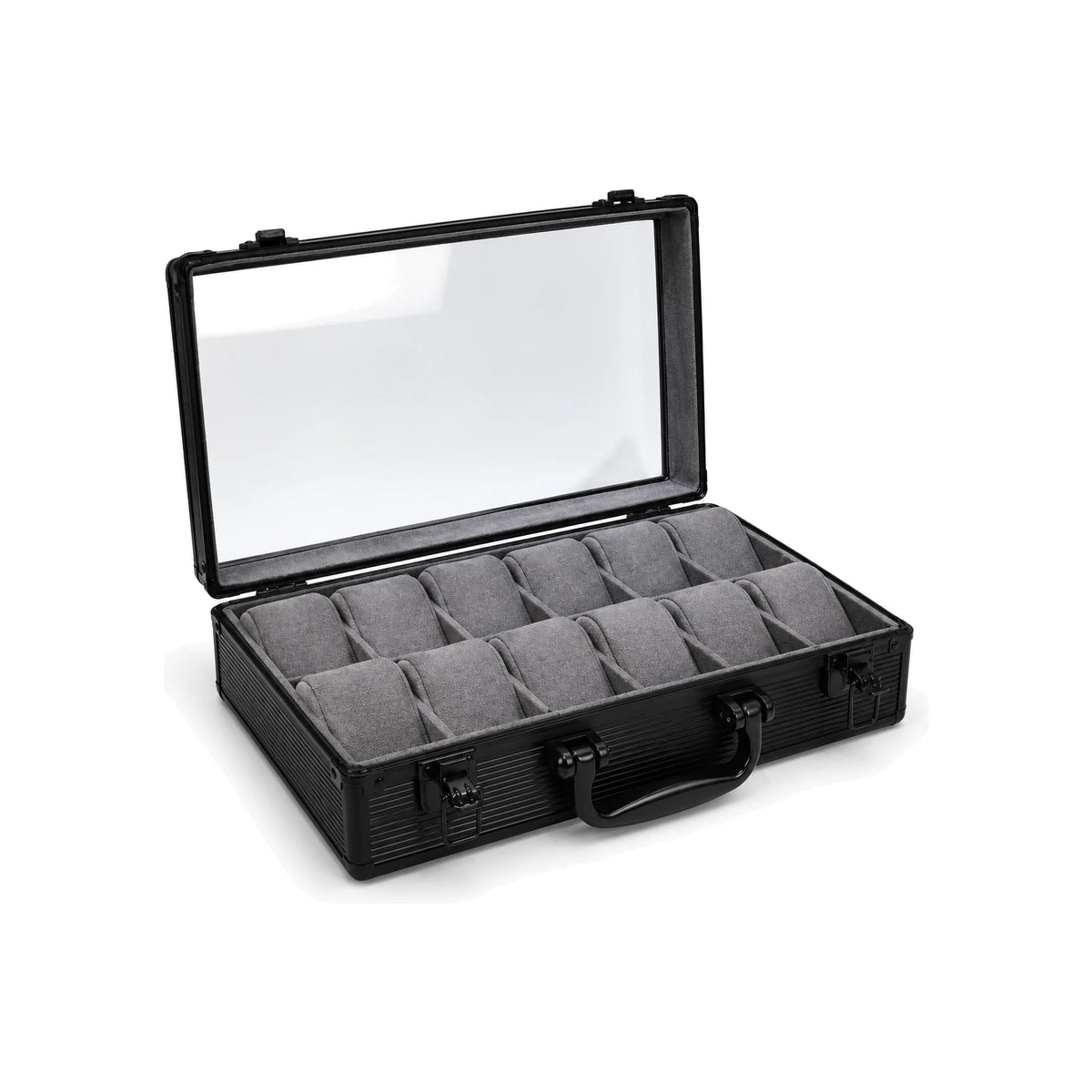 Valise Aluminium Vitrée 12 montres, noire, fond blanc